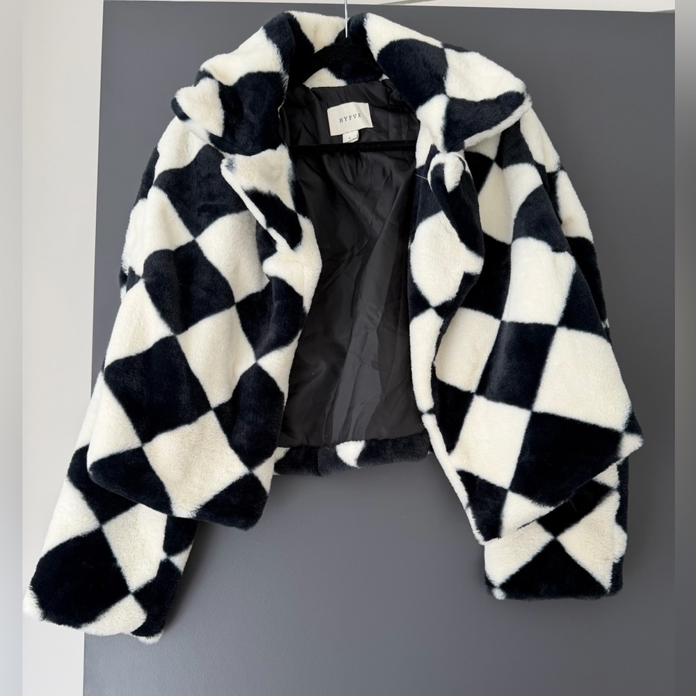 HYFVE Black and White Checker Faux Fur Jacket